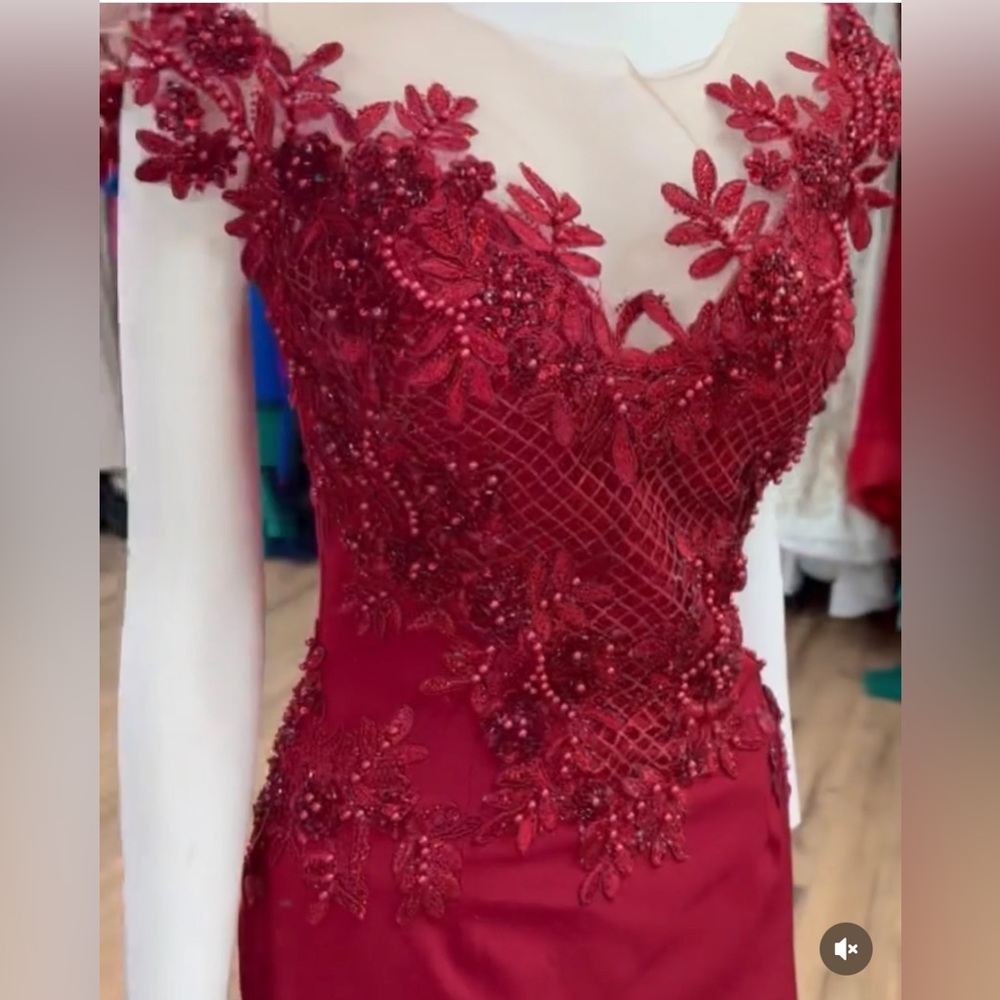 Red Prom Dress with Lace and Train